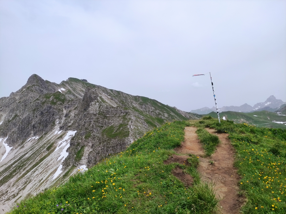 Entschenkopf -> Geißfuß: Gipfelfahne mit Blick zum Nebelhorn